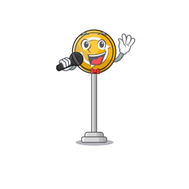 Maskotlu karikatür şeklinde şarkı söylüyor.