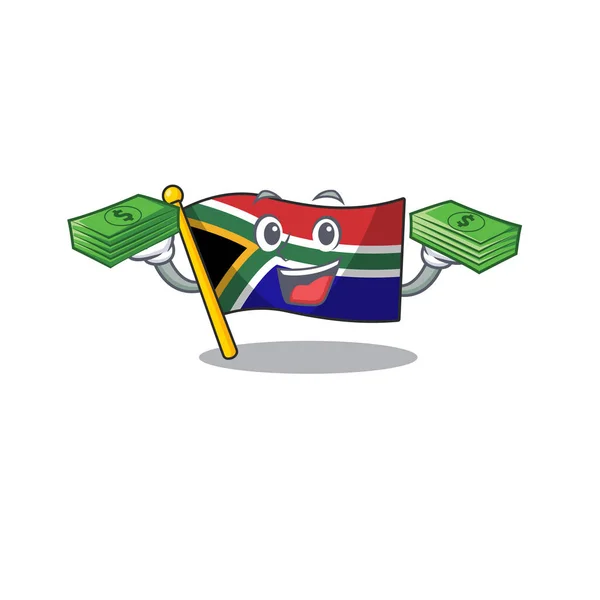 Con borsa soldi bandiera sud africa isolato con mascotte — Vettoriale Stock