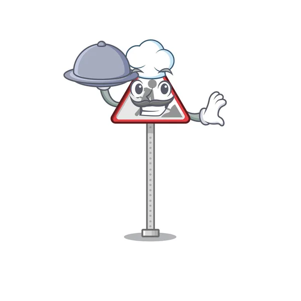 Chef avec la nourriture signe de travaux routiers isolé le dessin animé — Image vectorielle