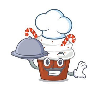 Yemek ve Noel keki olan aşçı karakter buzdolabında.