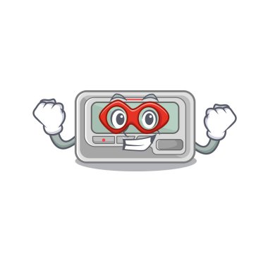 Süper kahraman çağrı cihazı karikatür ahşap masanın üzerine yerleştirilmiş.