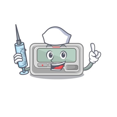 Hemşire çağrı cihazı karikatür ahşap masanın üzerine yerleştirilmiş.