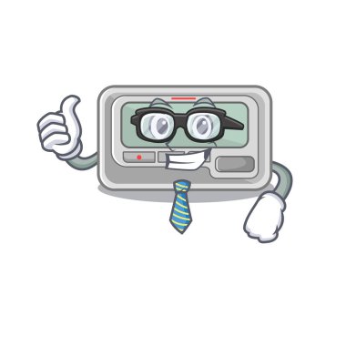 İşadamı çağrı cihazı karikatür ahşap masanın üzerine yerleştirilmiş.