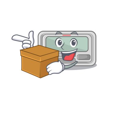 Çizgi film ahşap masasının üzerine konmuş kutu çağrı cihazıyla.