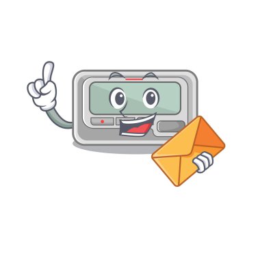 Karikatür ahşap masanın üzerine yerleştirilmiş zarf çağrı cihazıyla.