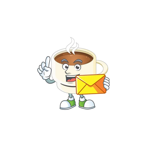 Met enveloppe karakter kopje koffie in cartoon mascotte. — Stockvector