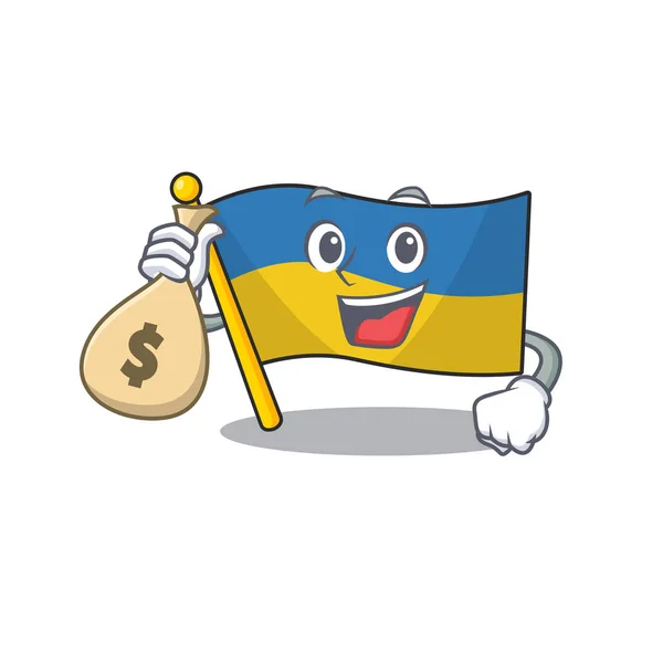 Con soldi borsa bandiera ucraina cartone animato isolato la mascotte — Vettoriale Stock