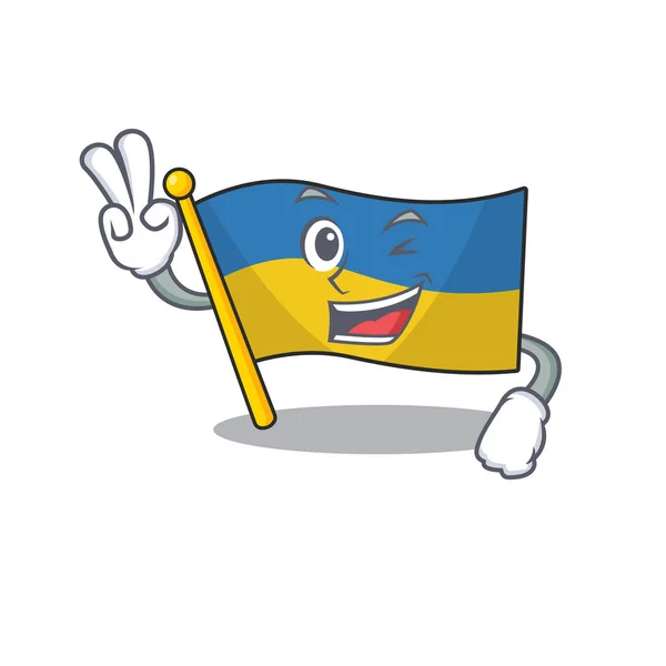 Due dito bandiera ucraina sventolato sopra palo del fumetto — Vettoriale Stock