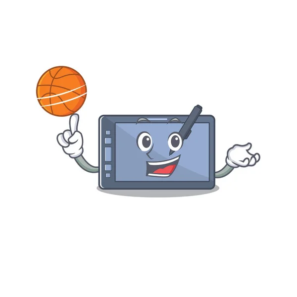 Con el personaje de la tableta gráfica de baloncesto con la historieta — Vector de stock