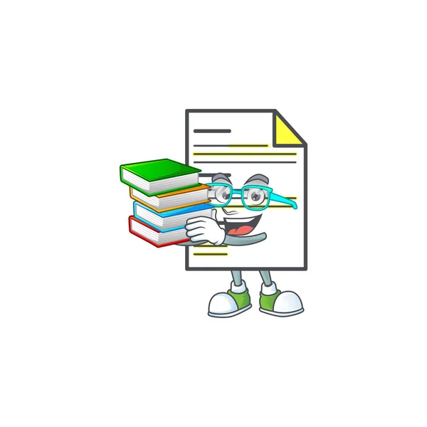 Estudante com livro documento cartoon mascote no fundo branco — Vetor de Stock