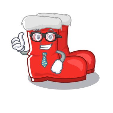 İş adamı Noel Baba çizmeleri çizgi film ayakkabı rafında.