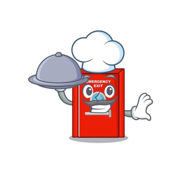 Maskotlu acil çıkış kapısı olan bir aşçı.