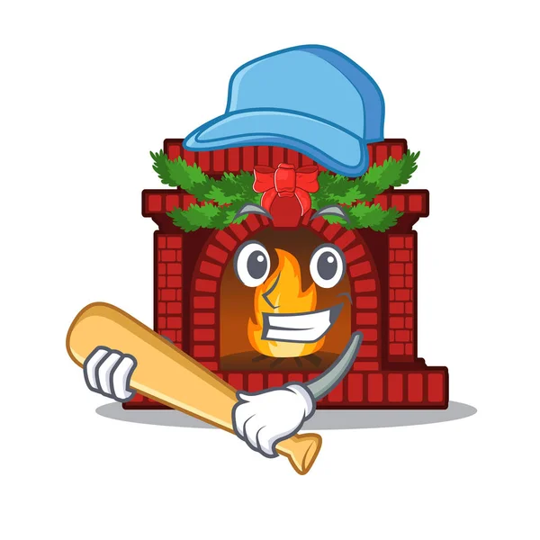 Jugar béisbol Navidad chimenea aislada con la mascota — Vector de stock