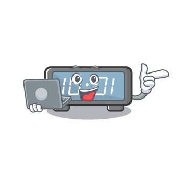 Dizüstü bilgisayarlı dijital saat maskotun içinde izole edilmiş.