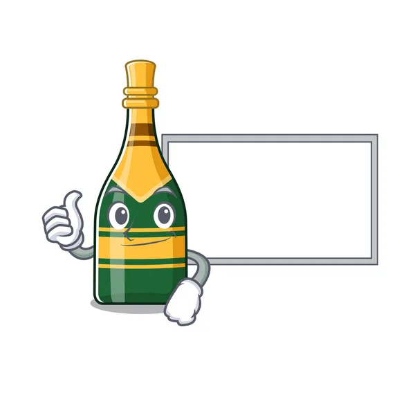 Pulgares hacia arriba con la botella de champán bordo aislado con la mascota — Vector de stock