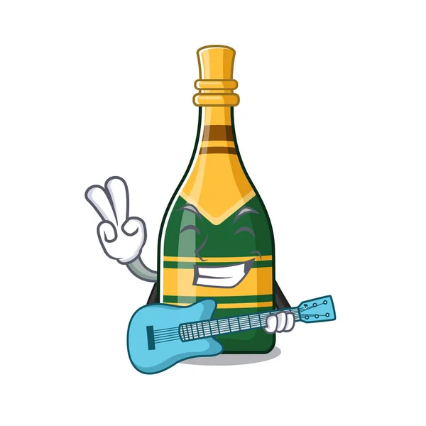 Con botella de champán de guitarra en la nevera de carácter — Vector de stock