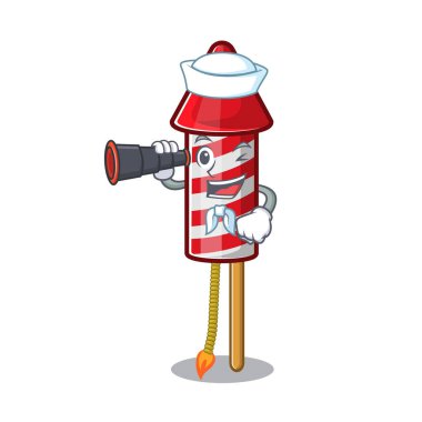 Sailor with binocular fireworks rocket mascot in cartoon shape