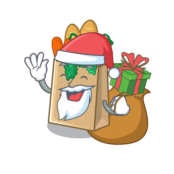 Santa con bolsa de comestibles de regalo almacenada en el cajón de dibujos animados — Vector de stock