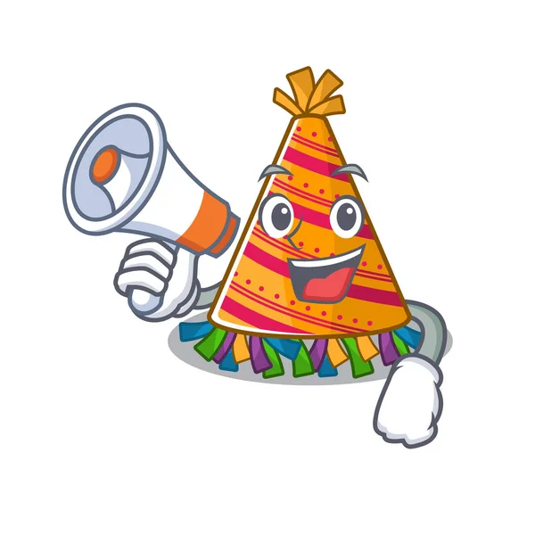 Con personaje de sombrero de fiesta megáfono aislado en dibujos animados — Vector de stock