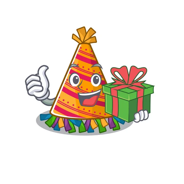 Con regalo sombrero de fiesta de dibujos animados con forma de personaje — Vector de stock