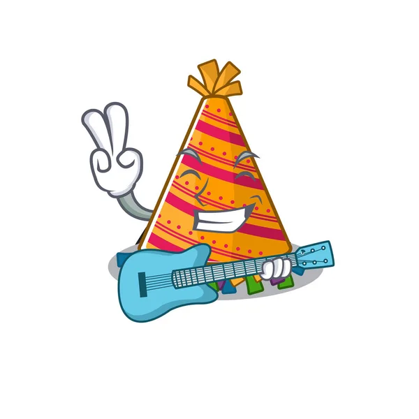 Com chapéu de festa de guitarra desenhos animados com forma de personagem —  Vetores de Stock