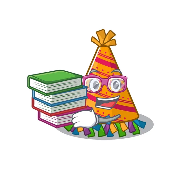 Student with book party hat in a above mascot — Stock Vector