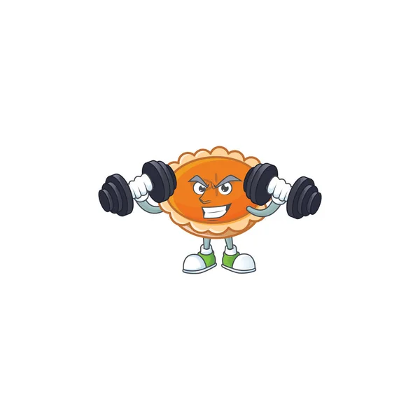 Pastry orange pie character mascot with bring barbell — Stock Vector