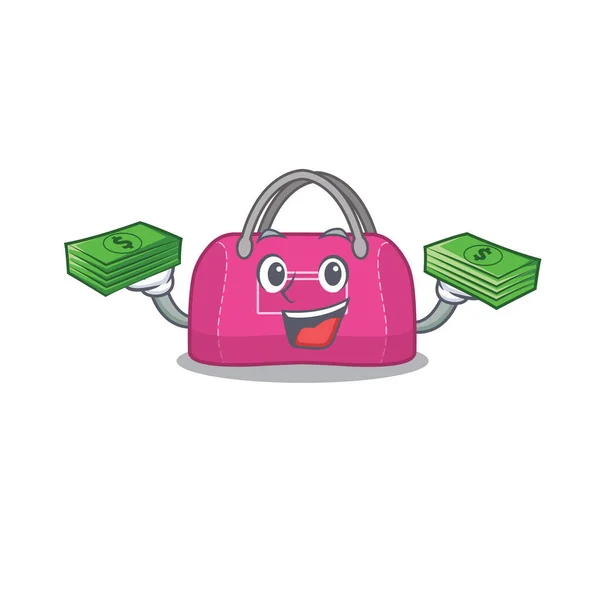 Bohatá žena sportovní taška kreslený postava s mnoha penězi — Stockový vektor