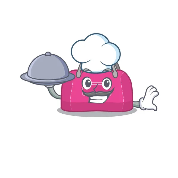 Maskot design av kvinna sport väska kock som serverar mat på bricka — Stock vektor