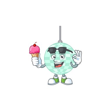 Disko topu çizgi film maskotunun mutlu yüzü dondurma yiyor.