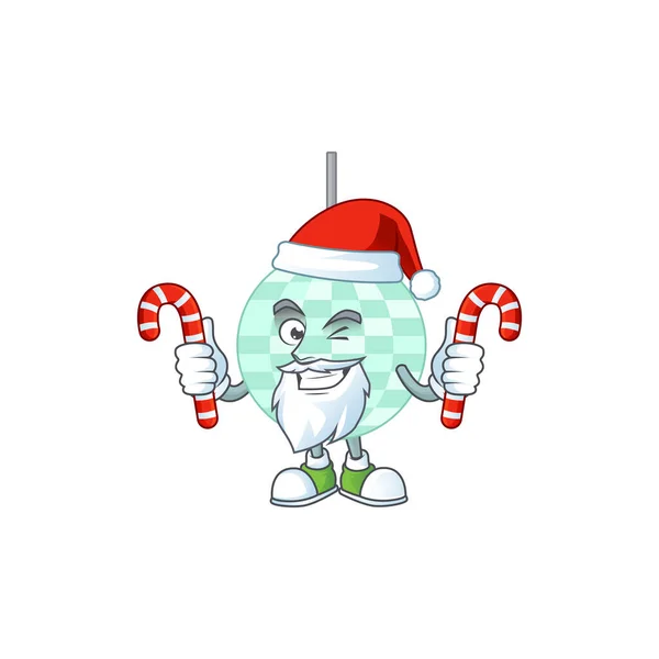 Personaje de dibujos animados de la bola disco como un Santa tener caramelos — Vector de stock