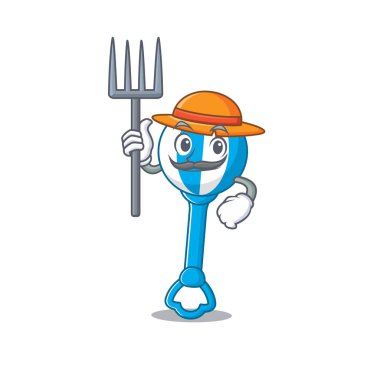 Çıngıraklı oyuncak maskot tasarımı, şapka takan bir çiftçi olarak çalışıyor.