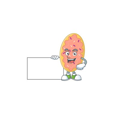 Ekmek karikatürü beyaz bir tahta tutarak başparmak çiziyor. Vektör illüstrasyonu