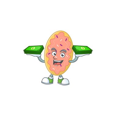 Neşeli bir ekmek çizgi film maskotu tasarımı. Elinde biraz para var. Vektör illüstrasyonu