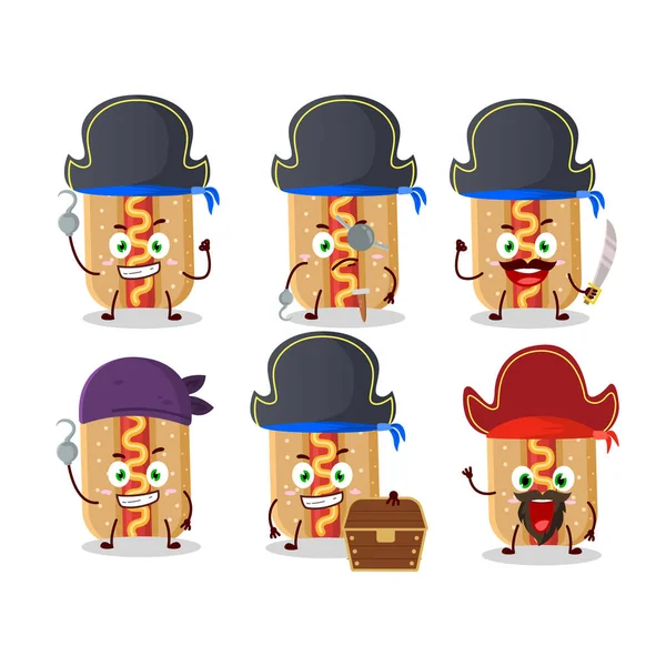 Personaje de dibujos animados de hotdog con varios emoticonos piratas — Vector de stock