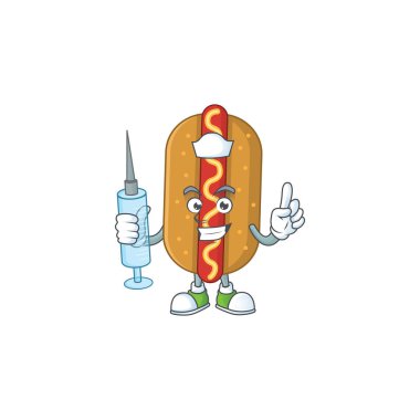 Şırınga tutan mütevazı bir hemşire sosisli çizgi film karakteri. Vektör illüstrasyonu