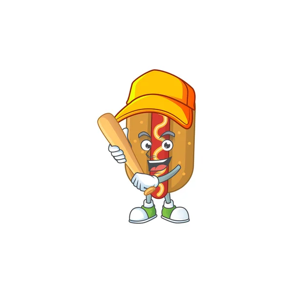 Concept Dessin Animé Hotdog Jouant Baseball Avec Bâton Illustration Vectorielle — Image vectorielle