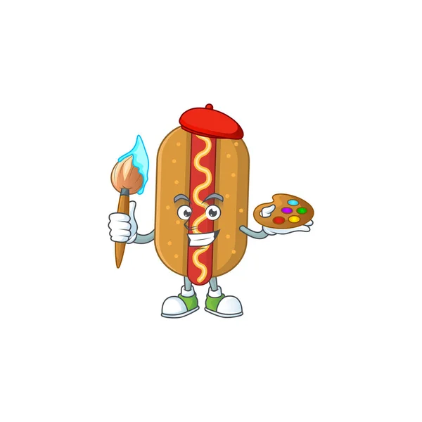 Creativo Artista Hotdog Personaggio Dei Cartoni Animati Pittura Con Pennello — Vettoriale Stock