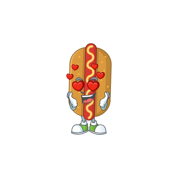 Adorable Estilo Mascota Dibujos Animados Hotdog Con Una Cara Enamorada — Archivo Imágenes Vectoriales
