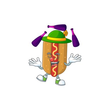 Hotdog maskotu çizgi film dizaynı sirkte hokkabazlık oynuyor. Vektör illüstrasyonu