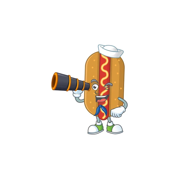 Dibujo Animado Perro Caliente Personaje Marinero Usando Binocular Ilustración Vectorial — Archivo Imágenes Vectoriales