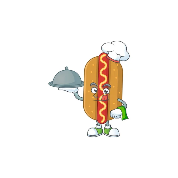 Diseño Mascota Del Chef Hotdog Con Sombrero Bandeja Ilustración Vectorial — Vector de stock