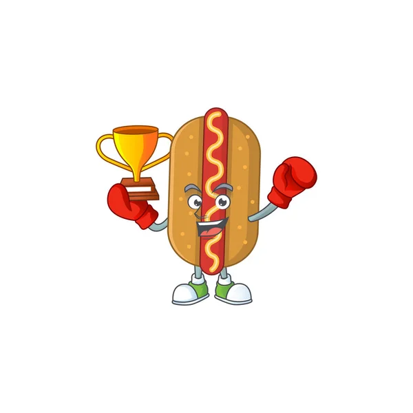 Dengan Bangga Menghadapi Pemenang Tinju Desain Karakter Kartun Hotdog Ilustrasi - Stok Vektor