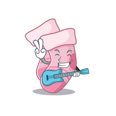Bebek çorapları karikatür tasarımında parlak bir müzisyen gitarla müzik çalıyor.