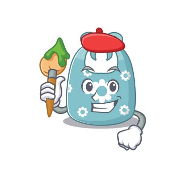 Artistik bir bebek önlüğü ressamı fırça kullanarak maskot tasarımı