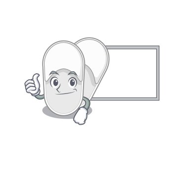 Otel terlikleri çizgi film tasarımı, başparmakları havada beyaz bir tahta getirin.