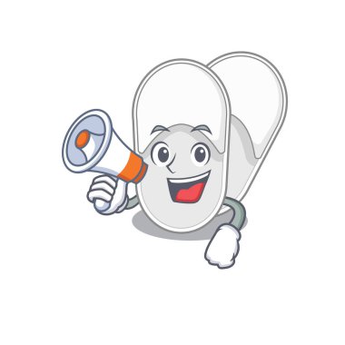 Otel terliklerinin maskot tasarımı megafonla yeni ürünler duyuruyor.