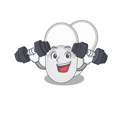 Otel terlikleri maskot tasarımı egzersiz sırasında halterleri kaldırmaktan mutlu olur.