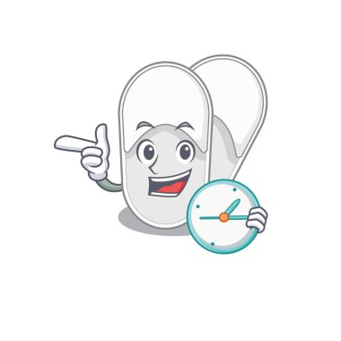 Elinde saatle ayakta duran otel terliklerinin maskot tasarımı.