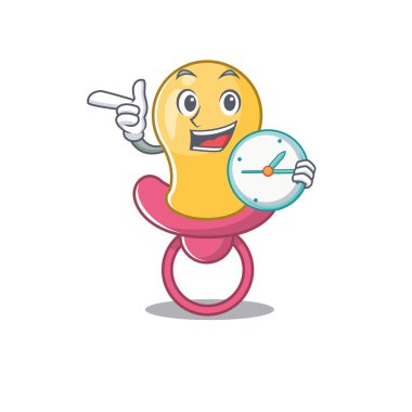 Bebek emziğinin maskot tasarım stili elinde saatle ayakta duruyor